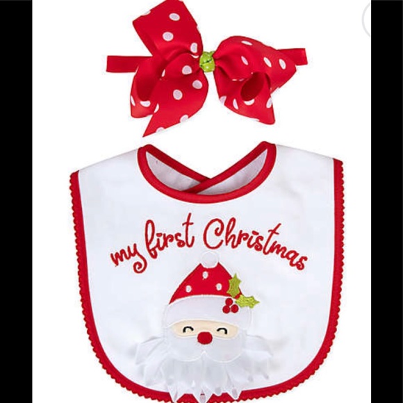 Baby Essentials 2-Piece First Christmas Bib and Headband Bow Set in Red - Picture 2 of 2